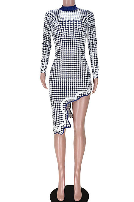 Navy Blue Club Printing Long Sleeve Half Turtle Neck Lower Hem Irregular Mini Dress GL6503-1