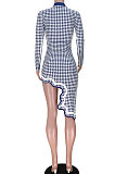 Navy Blue Club Printing Long Sleeve Half Turtle Neck Lower Hem Irregular Mini Dress GL6503-1