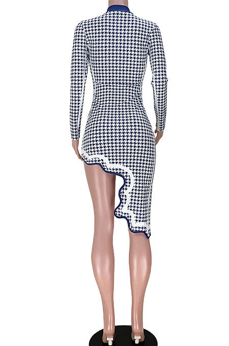 Navy Blue Club Printing Long Sleeve Half Turtle Neck Lower Hem Irregular Mini Dress GL6503-1