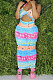 Blue Women Sexy Halter Neck Backless Bandage Printing Long Dress AYQ06005