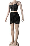 Apricot Fashion Sexy Condole Belt Hot Drilling Deep V Neck Slim Fitting Irregular Skirts Sets K2148-2