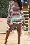 Navy Blue Club Printing Long Sleeve Half Turtle Neck Lower Hem Irregular Mini Dress GL6503-1