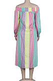 Orange Euramerican Women Sexy Fashion A Word Shoulder Irregular Multicolor Long Sleeve Midi Dress K2151-3