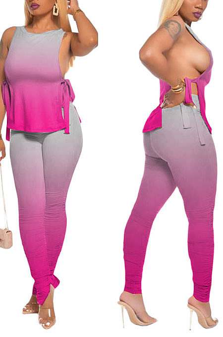 Orange Women Casual Sleeveless Tied Gradual Change Pants Sets AYQ8003-2