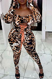 Leopard Drawsting Foldding A Word Shoulder Hollow Out Long Sleeve Bodycon Jumpsuits JZH8076