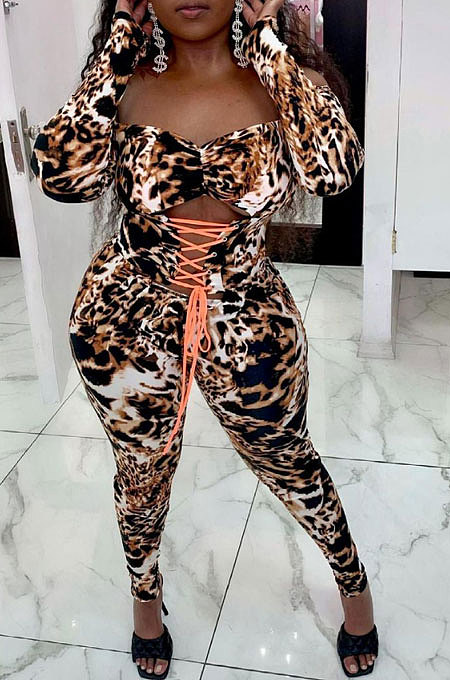 Leopard Drawsting Foldding A Word Shoulder Hollow Out Long Sleeve Bodycon Jumpsuits JZH8076