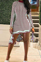 Wine Red Club Printing Long Sleeve Half Turtle Neck Lower Hem Irregular Mini Dress GL6503-2