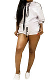 White Euramerican Women Fashion Sexy Solid Color Ribbon Long Sleeve Hoodie Shorts Sets T3382