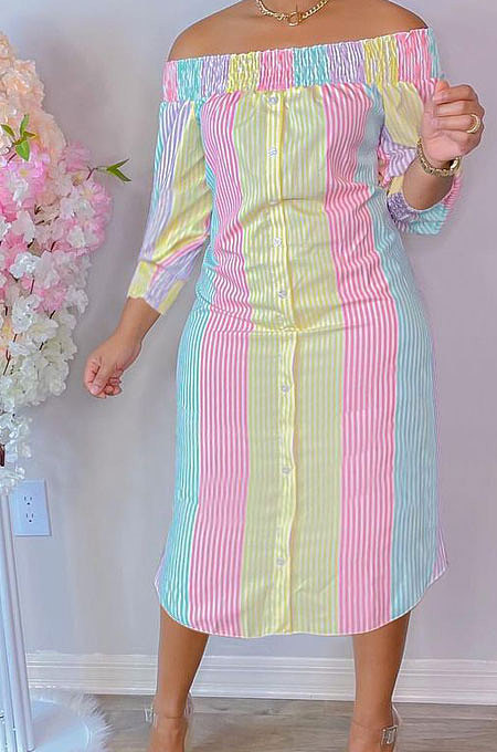 Purple Euramerican Women Sexy Fashion A Word Shoulder Irregular Multicolor Long Sleeve Midi Dress K2151-2
