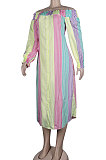 Pink Green Euramerican Women Sexy Fashion A Word Shoulder Irregular Multicolor Long Sleeve Midi Dress K2151-4