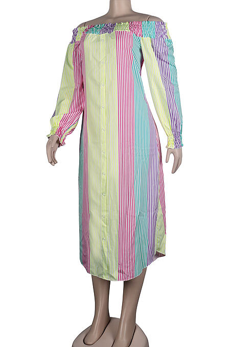 Pink Green Euramerican Women Sexy Fashion A Word Shoulder Irregular Multicolor Long Sleeve Midi Dress K2151-4