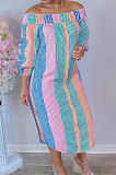 Pink Yellow Euramerican Women Sexy Fashion A Word Shoulder Irregular Multicolor Long Sleeve Midi DressK2151-1