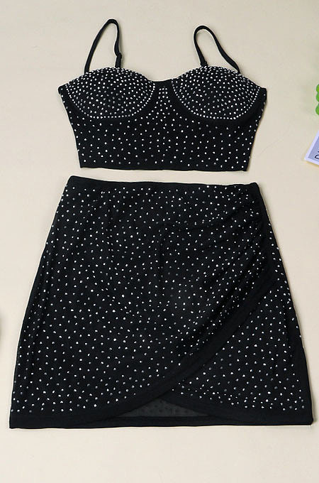 Orange Fashion Sexy Condole Belt Hot Drilling Deep V Neck Slim Fitting Irregular Skirts Sets K2148-3