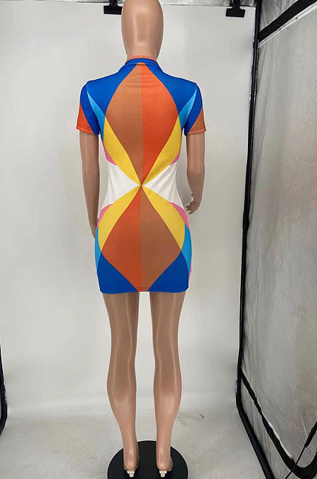Violet Printing Fashion Short Sleeve Multicolor Spliced Mini Dress AYL88802-2