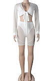 Black Women Sexy Milk Silk Long Sleeve V Neck Tied Pure Color Shorts Four Pieces K2138-2