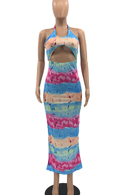Blue Women Sexy Halter Neck Backless Bandage Printing Long Dress AYQ06005
