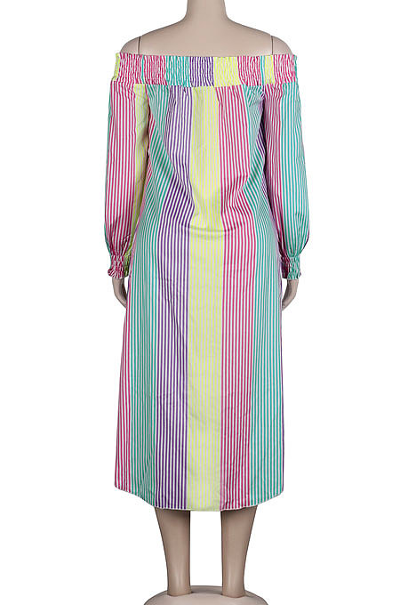 Pink Yellow Euramerican Women Sexy Fashion A Word Shoulder Irregular Multicolor Long Sleeve Midi DressK2151-1