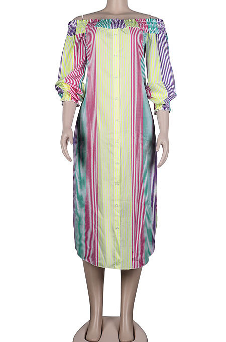 Pink Green Euramerican Women Sexy Fashion A Word Shoulder Irregular Multicolor Long Sleeve Midi Dress K2151-4