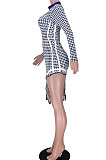 Navy Blue Club Printing Long Sleeve Half Turtle Neck Lower Hem Irregular Mini Dress GL6503-1