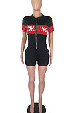 Black Women Sexy Printing Letters Spliced Zipper Romper Shorts AYQ8015