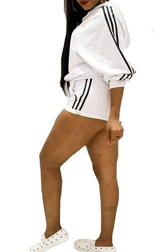 White Euramerican Women Fashion Sexy Solid Color Ribbon Long Sleeve Hoodie Shorts Sets T3382