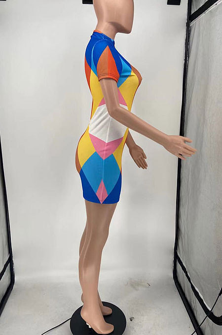 Light Green Printing Fashion Short Sleeve Multicolor Spliced Mini Dress AYL88802-3