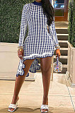 Navy Blue Club Printing Long Sleeve Half Turtle Neck Lower Hem Irregular Mini Dress GL6503-1