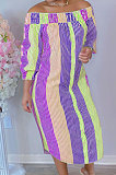 Pink Green Euramerican Women Sexy Fashion A Word Shoulder Irregular Multicolor Long Sleeve Midi Dress K2151-4