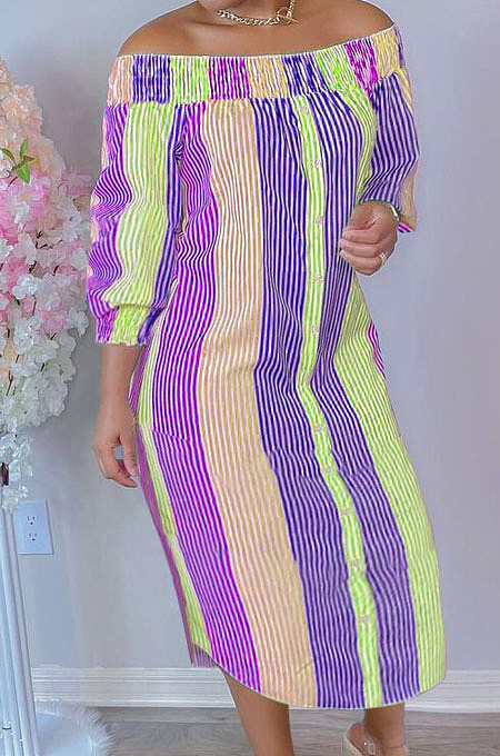 Pink Green Euramerican Women Sexy Fashion A Word Shoulder Irregular Multicolor Long Sleeve Midi Dress K2151-4