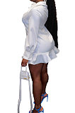 White Women Button Sexy Solid Color Long Sleeve Flounce T Shirt/Shirt Dress JZH8077