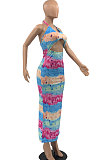 Blue Women Sexy Halter Neck Backless Bandage Printing Long Dress AYQ06005