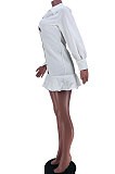 White Women Button Sexy Solid Color Long Sleeve Flounce T Shirt/Shirt Dress JZH8077