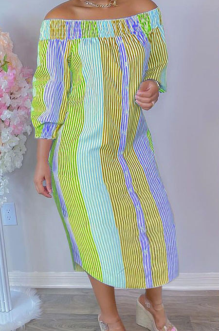 Orange Euramerican Women Sexy Fashion A Word Shoulder Irregular Multicolor Long Sleeve Midi Dress K2151-3