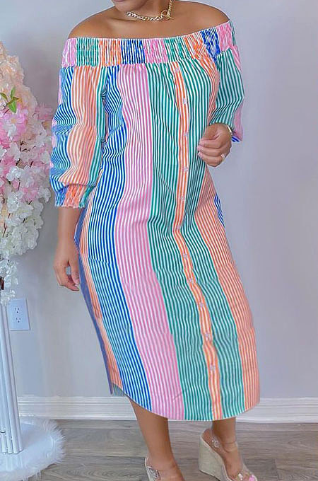 Orange Euramerican Women Sexy Fashion A Word Shoulder Irregular Multicolor Long Sleeve Midi Dress K2151-3