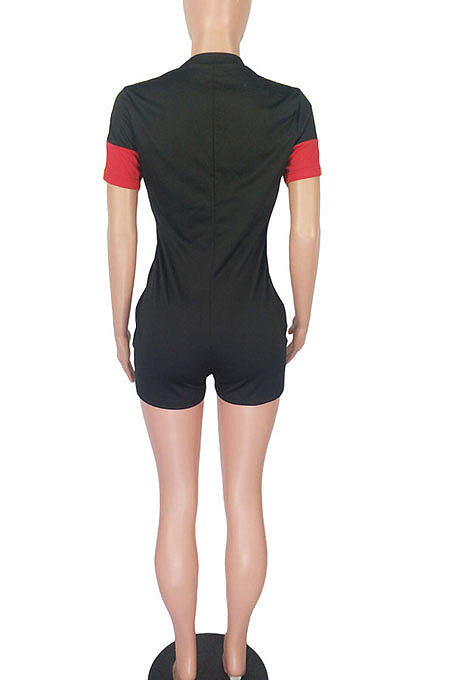 Black Women Sexy Printing Letters Spliced Zipper Romper Shorts AYQ8015