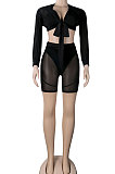 Black Women Sexy Milk Silk Long Sleeve V Neck Tied Pure Color Shorts Four Pieces K2138-2