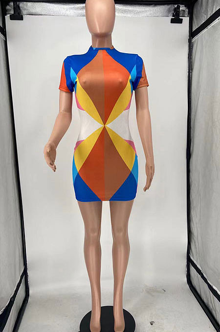 Light Green Printing Fashion Short Sleeve Multicolor Spliced Mini Dress AYL88802-3