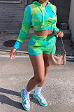 Green Casual Sport Long Sleeve Zipper Hoodie Drawsting Coat Pocket Shorts Sets JZH8073