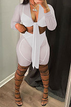 White Women Sexy Milk Silk Long Sleeve V Neck Tied Pure Color Shorts Four Pieces K2138-1