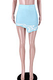 Dark Blue Club Suit Sexy Ribber Printing Irregular Skirts GL6398-5
