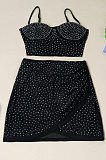 Apricot Fashion Sexy Condole Belt Hot Drilling Deep V Neck Slim Fitting Irregular Skirts Sets K2148-2