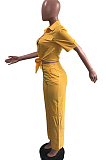 Yellow New Pure Color Short Sleeve Lapel Neck Single-Breasted Shirt Shift Pants Two-Piece OMY0026-1