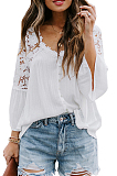 Black New Lece Hook Flower Embroidered Hollow Out Horn Sleeve V Neck Loose Shirts MDO1740-3