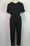 Euramerican Women Solid Color Long Pants Tied Short Sleeve Casual Pants Sets WDS210501
