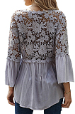 Grey New Lece Hook Flower Embroidered Hollow Out Horn Sleeve V Neck Loose Shirts MDO1740-2