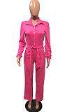 Blue Fashion Long Sleeve Lapel Collar Solid Color With Waistband Wide Leg Jumpsuits OMY80035-6