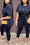 Euramerican Women Solid Color Long Pants Tied Short Sleeve Casual Pants Sets WDS210501