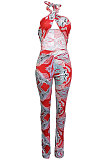 Royal Blue Euramerican Women Printing Sexy Strapless Cross Bandage Backless Tiny Flared Bodycon Jumpsuits LML228-3