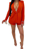 Red Euramerican Women Solid Color Back Deep V Split Tassel Casual Turn-Down Collar Shorts Sets RB3042-2
