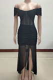 Club Women Off Shoulder Mesh Pure Color Sexy Long Dress KA7188